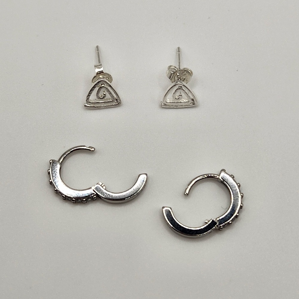 Silver Tone Triangle Swirl Stud Earrings and Crystal Hoop Earrings Set - Picture 6 of 7